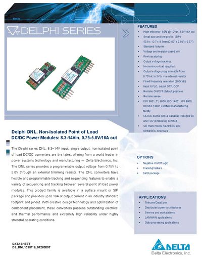 DELTA Delphi DNL Non-Isolated Point of Load DC/DC Power Modules: 8.3-14Vin 0.75-5.0V/16A out - cover page