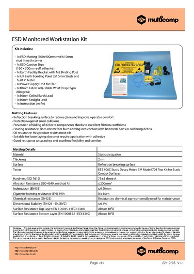 Multicomp ESD Monitored Workstation Kit Product Leaflet - cover page