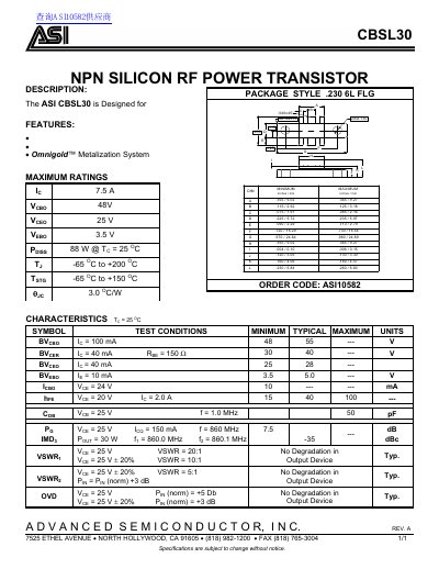Advanced Semiconductor CBSL30 RF Power Transistor Datasheet - cover page