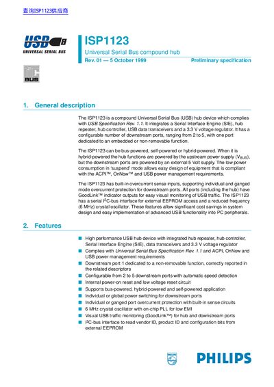 Philips ISP1123 USB Compound Hub Preliminary Specification - cover page
