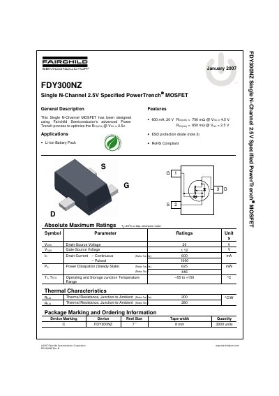 Fairchild FDY300NZ Single N-Channel MOSFET Datasheet - cover page