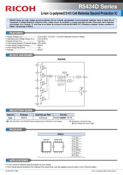 RICOH R5434D Series Li-ion/ Li-polymer2/3/4/5 Cell Batteries Second Protection IC Manual - cover page