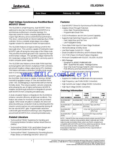 Intersil ISL6208A MOSFET Driver Data Sheet - cover page