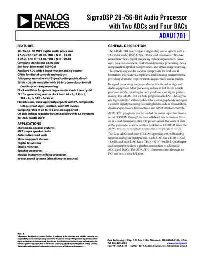 Analog Devices ADAU1701 Audio Processor Product Handbook Rev B - cover page