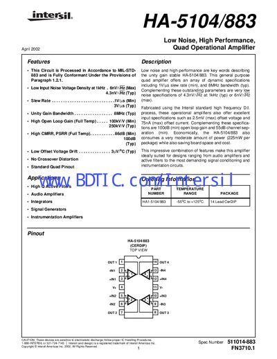 Intersil HA-5104/883 Operational Amplifier Datasheet