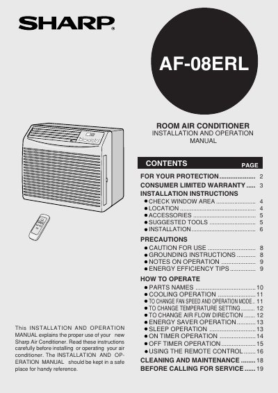 SHARP room air conditioner AF-08ERLManual - cover page