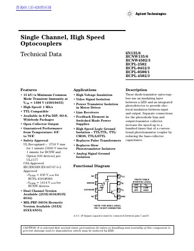 Agilent HCPL-4503/0453 Single Channel High Speed Optocouplers Technical Data Sheet - cover page