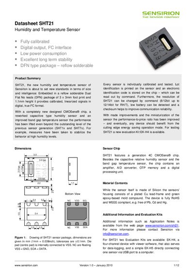 Sensirion SHT21 Humidity Temperature Sensor Datasheet - cover page