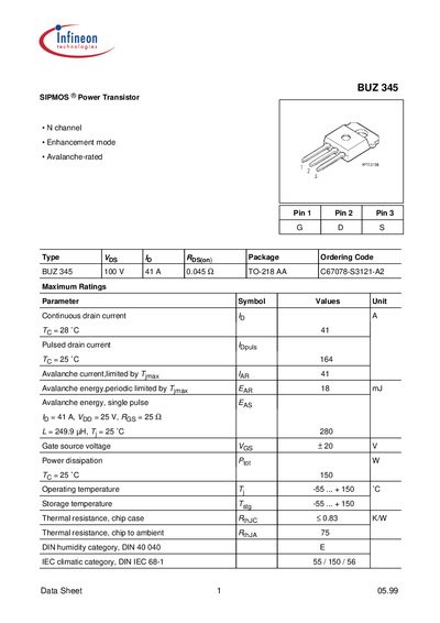 Infineon BUZ 345 Power Transistor Datasheet - cover page