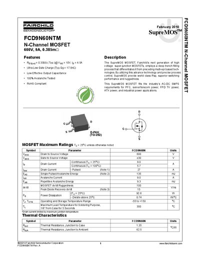 Fairchild Semiconductor FCD9N60NTM MOSFET Datasheet - cover page