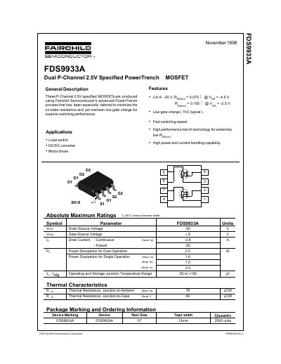 Fairchild Semiconductor FDS9933A Dual P-Channel MOSFET Datasheet - cover page