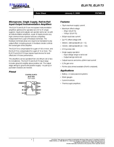 Intersil EL8170/EL8173 Instrumentation Amplifier Datasheet - cover page