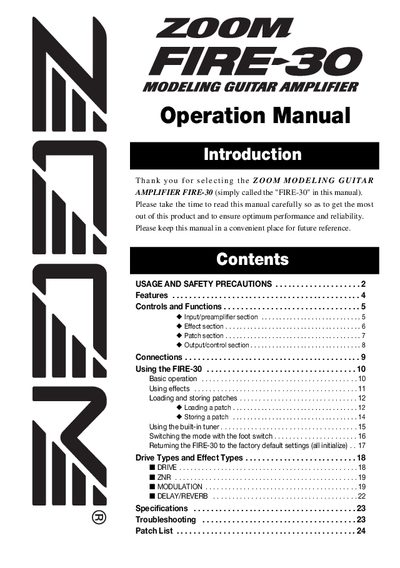 ZOOM FIRE-30 Modeling Guitar Amplifier Operation Manual