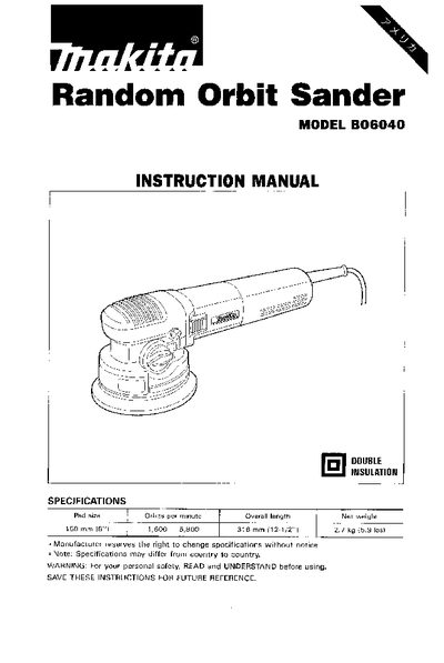 Makita BO6040 Random Orbit Sander Instruction Manual - cover page
