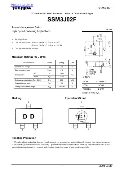 Toshiba SSM3J02F P-Channel MOSFET Datasheet - cover page