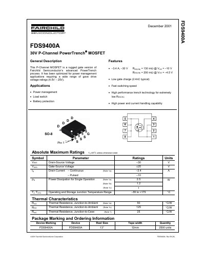 Fairchild Semiconductor FDS9400A 30V P-Channel PowerTrench MOSFET Datasheet - cover page