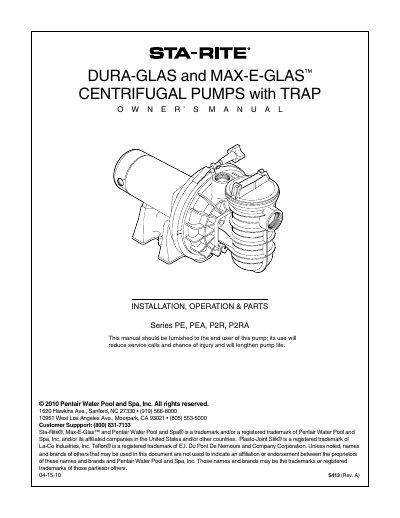 Pentair PE/PEA/P2R/P2RA Series Pump Owner's Manual - cover page