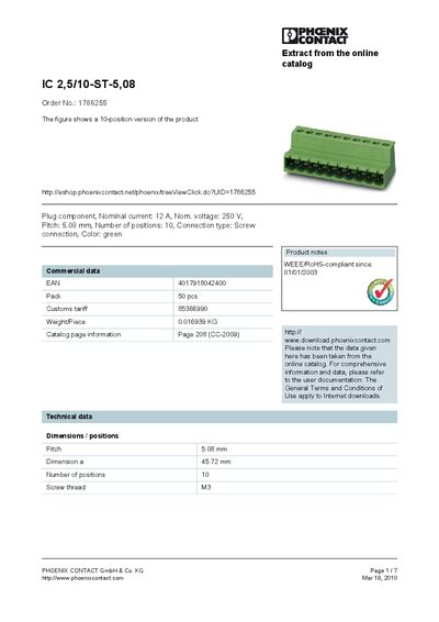 Phoenix Contact IC 2.5/10-ST-5.08 Terminal Block Datasheet - cover page