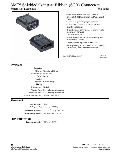 3M 362 Series Shielded Compact Ribbon (SCR) Connectors Wiremount Receptacle Datasheet - cover page
