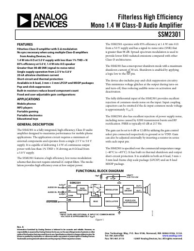 Analog Devices SSM2301 Audio Amplifier Product Handbook - cover page