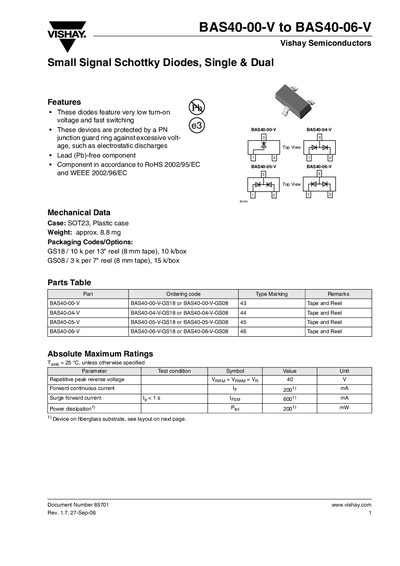 Vishay BAS40-00-V to BAS40-06-V Datasheet - cover page