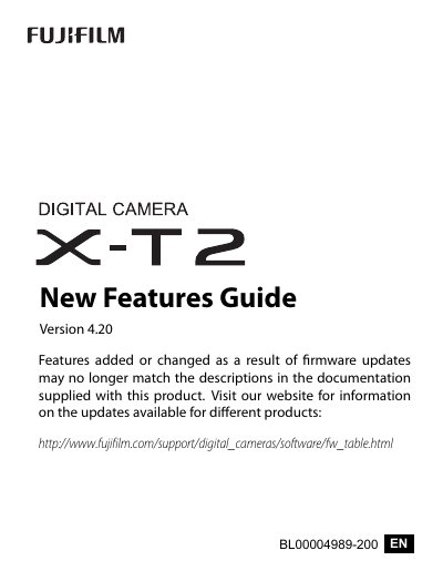 Fujifilm X-T2 Firmware Version 4.20 New Features Guide - cover page