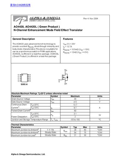 Alpha & Omega AO4420L Datasheet - cover page
