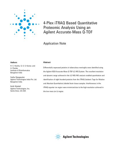 Agilent 4-Plex iTRAQ Based Quantitative Proteomic Analysis Using an Agilent Accurate-Mass Q-TOF Manual - cover page