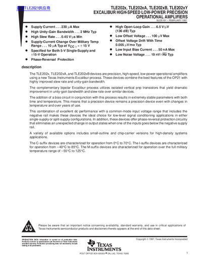 TEXAS INSTRUMENTS TLE202x TLE202xA TLE202xB TLE202xY EXCALIBUR HIGH-SPEED LOW-POWER PRECISION OPERATIONAL AMPLIFIERS Data Sheet - cover page