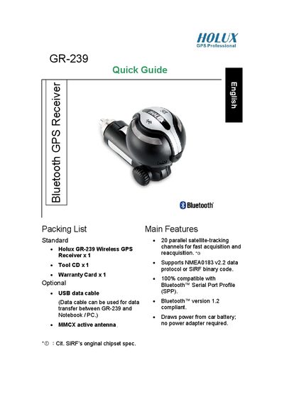 Holux GR-239 Bluetooth GPS Receiver Quick Guide - cover page