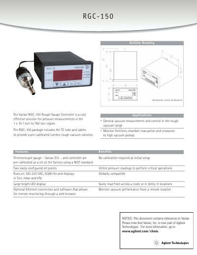 Agilent RGC-150 Rough Gauge Controller Product Data Sheet - cover page