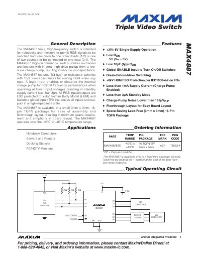 Maxim MAX4887 Triple Video Switch Datasheet