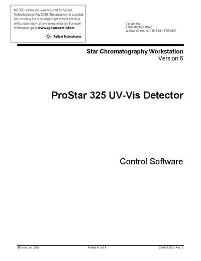 Agilent ProStar 325 UV-Vis Detector Control Software User Manual - cover page