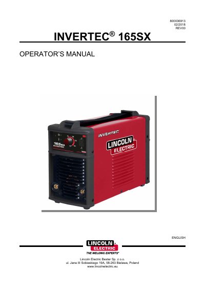 Lincoln Electric INVERTEC 165SX Welding Machine Operator's Manual