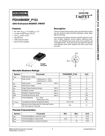 Fairchild Semiconductor FDH45N50F_F133 500V N-Channel MOSFET Datasheet - cover page