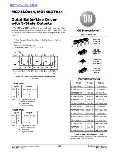 ON Semiconductor MC74AC244/MC74ACT244 Octal Buffer Datasheet - cover page