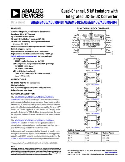 Analog Devices ADuM6400/ADuM6401/ADuM6402/ADuM6403/ADuM6404 Datasheet - cover page