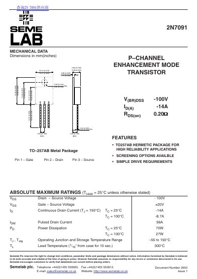 Semelab 2N7091 P-Channel Enhancement Mode MOSFET Datasheet - cover page