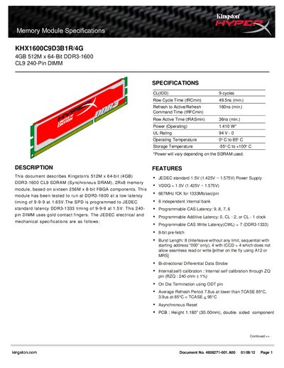 Kingston KHX1600C9D3B1R/4G Memory Module Specifications - cover page