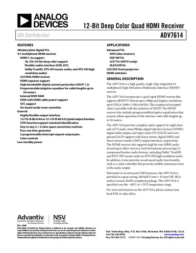 Analog Devices ADV7614 HDMI Receiver Product Handbook - cover page