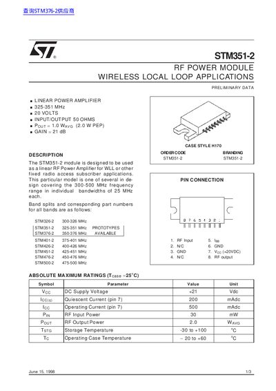 STMicroelectronics STM351-2 RF Power Module Datasheet - cover page
