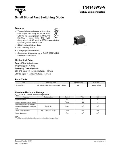 Vishay 1N4148WS-V Small Signal Fast Switching Diode Datasheet - cover page