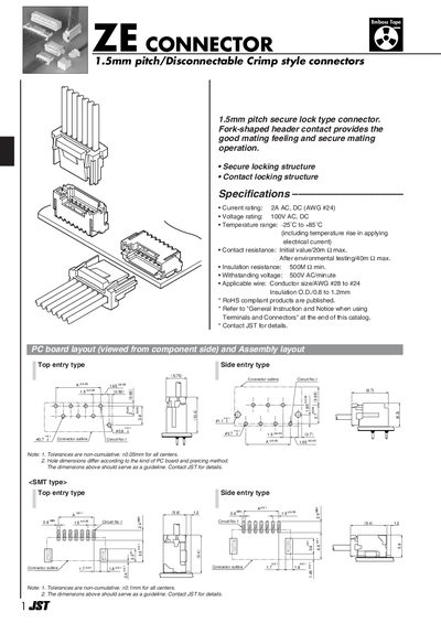 JST ZE CONNECTOR 1.5mm Pitch Disconnectable Crimp Style Connectors Product Leaflet - cover page