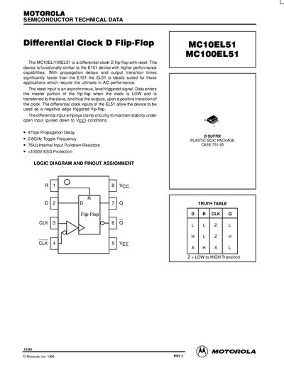 Motorola MC10EL51/MC100EL51 Differential Clock D Flip-Flop Datasheet - cover page