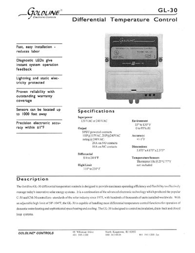 Goldline GL-30 Differential Temperature Control User Manual - cover page