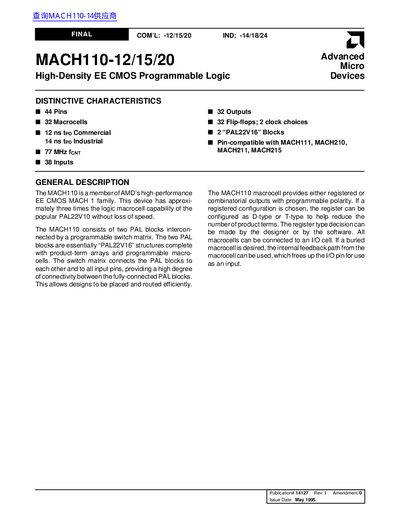 AMD MACH110-12/15/20 High-Density EE CMOS Programmable Logic Datasheet - cover page