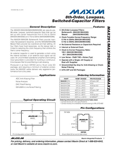 Maxim MAX291/MAX292/MAX295/MAX296 8th‑Order Lowpass Switched‑Capacitor Filters Datasheet - cover page