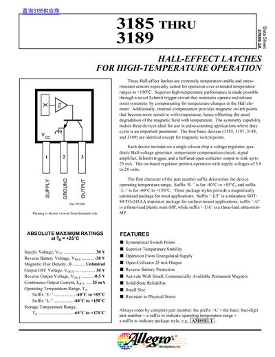 Allegro MicroSystems A3185-A3189 Hall-Effect Latches Datasheet - cover page