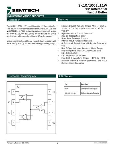 Semtech SK10/100EL11W Differential Fanout Buffer Datasheet - cover page