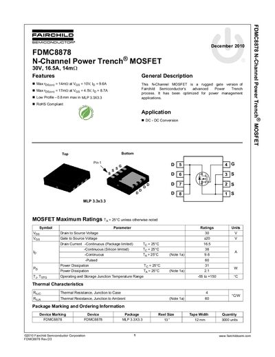 Fairchild Semiconductor FDMC8878 N-Channel Power Trench MOSFET Datasheet - cover page